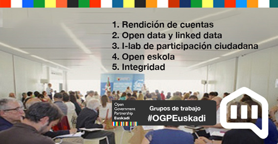 Grupos de trabajo OGP Euskadi: 1. Rendicin de cuentas; 2. Open data y linked data; 3. I-lab de participacin ciudadana; 4. Open eskola; 5. Integridad.