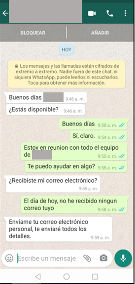 Imagen de una conversación por Whatsapp de un fraude en el que se hacen pasar por el CEO de una empresa.