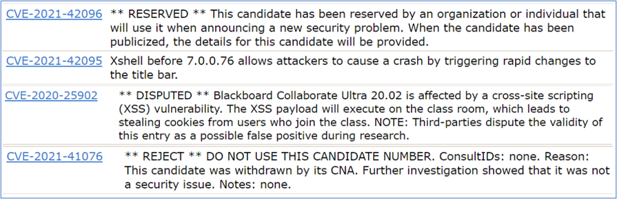 Imagen de una lista con ejemplos de CVE que incluye los diferentes estados que puede presentar.