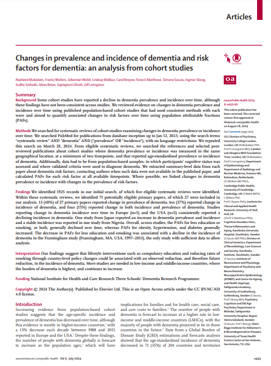 'Changes in prevalence and incidence of dementia and risk factors for dementia: an analysis from cohort studies (The Lancet Public Health, Vol.9, Nº 7, 2024)' dokumentuaren azalaren erreprodukzio osoa