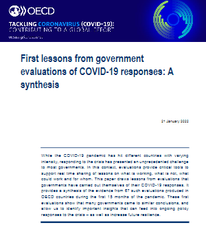 'First lessons from government evaluations of COVID-19 responses: A synthesis. OECD Policy Responses to Coronavirus'  (COVID-19) (OCDE, 2022) dokumentoaren azalaren zati bat erreprodukzioa
