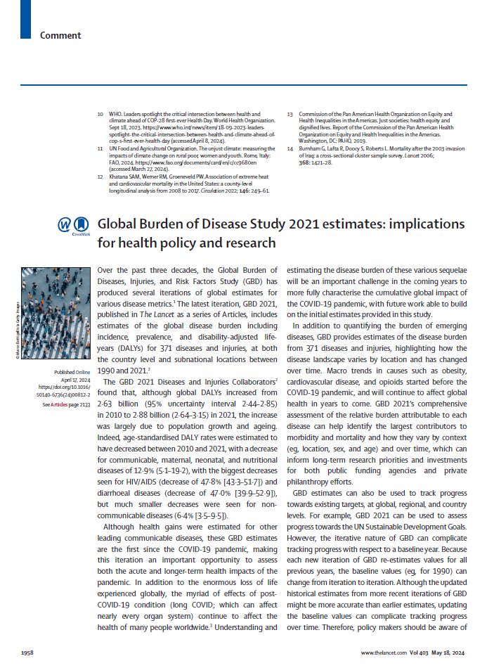 Reproducción total de la portada del documento 'Global fertility in 204 countries and territories, 1950 - 2021, with forecasts to 2100: a comprehensive demographic analysis for the Global Burden of Disease Study 2021 (The Lancet, Vol. 403, Nº 10440, 2024)'