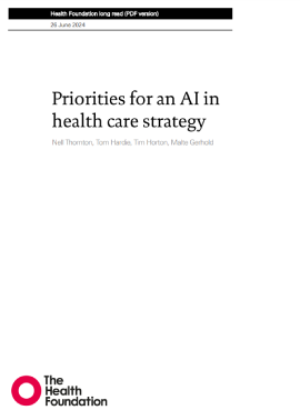 'Priorities for an AI in health care strategy (Health Foundation, 2024)' dokumentuaren azalaren erreprodukzio osoa