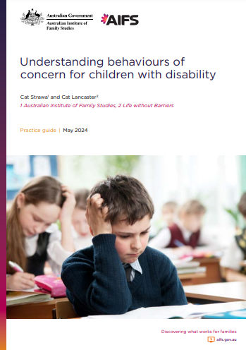 'Understanding behaviours of concern for children with disability (Australian Institute of Family Studies, 2024)' dokumentuaren azalaren erreprodukzio osoa