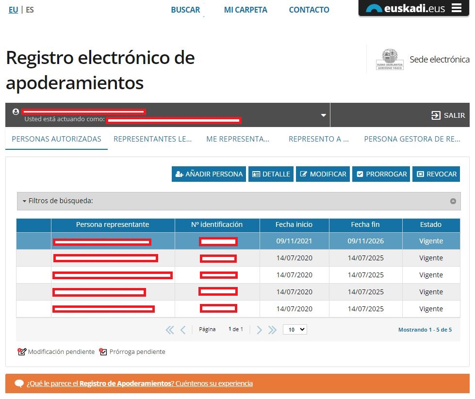Imagen de la pantalla principal del Registro electrónico de Apoderamientos