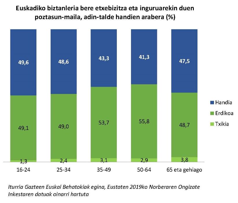 Euskadiko biztanleria bere etxebizitza eta inguruarekin duen poztasun-maila, adin-talde handien arabera (%)